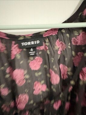 torrid Black Sheer Blouse with Pink Rose Print